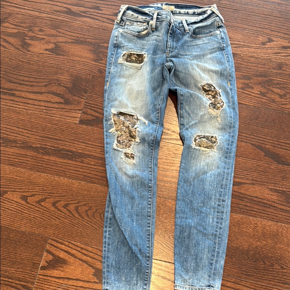 True Religion Blue Skinny Jeans with Distressed sequin Patches. gently worn